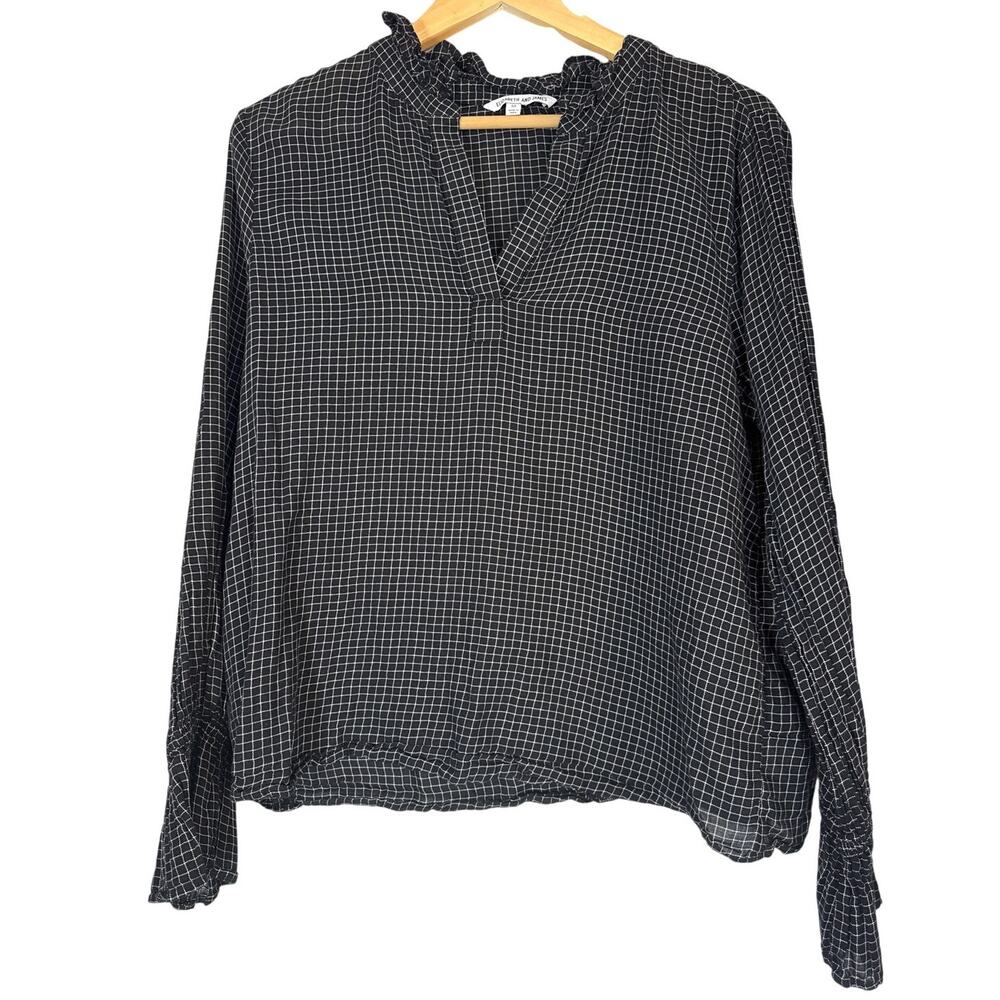 Elizabeth and James Grid Pattern Blouse Black White Medium Long Sleeve Office - Picture 2 of 9